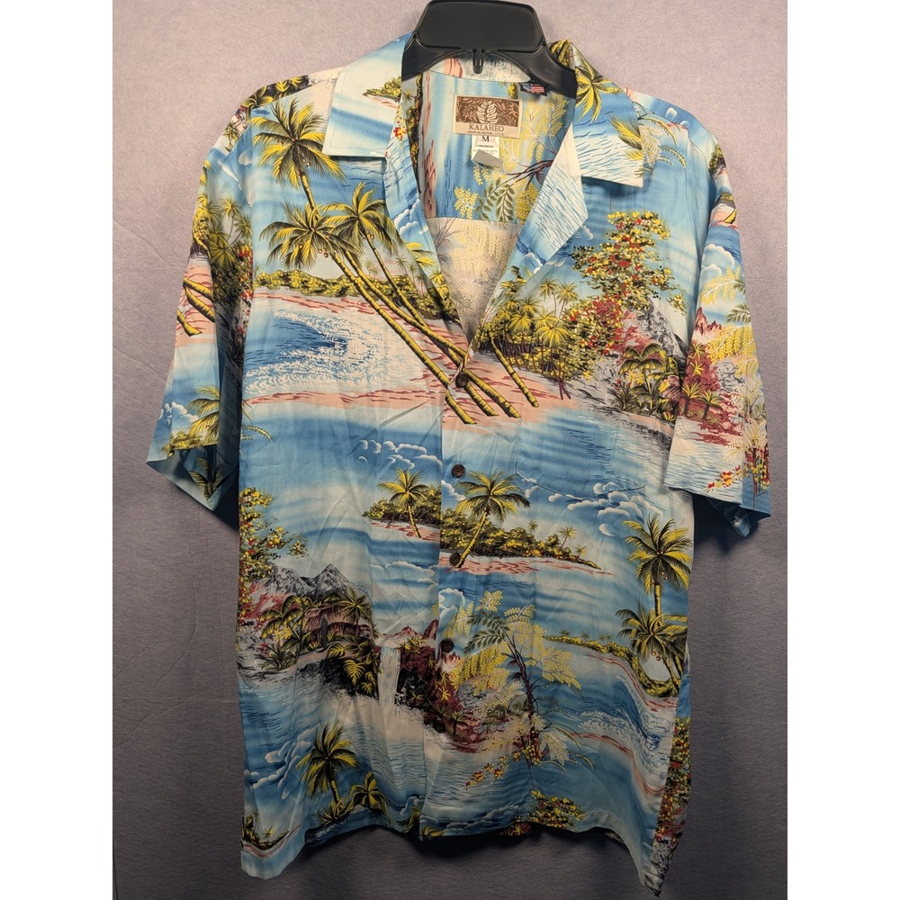 Kalaheo Hawaiian Shirt Mens Medium Blue Tropical Scenic‎ Rayon Made in USA EUC